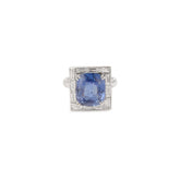 Certified Unheated 7 Carats Ceylon Sapphire Baguette Diamonds 18 Carats White Gold Square Ring